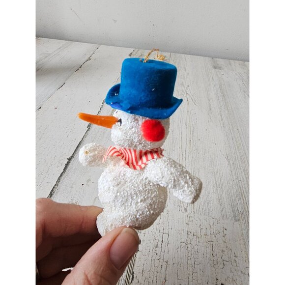 Antique vintage Frosty snowman ornament flocked blue top hat Xmas tree glitter f - Picture 3 of 10